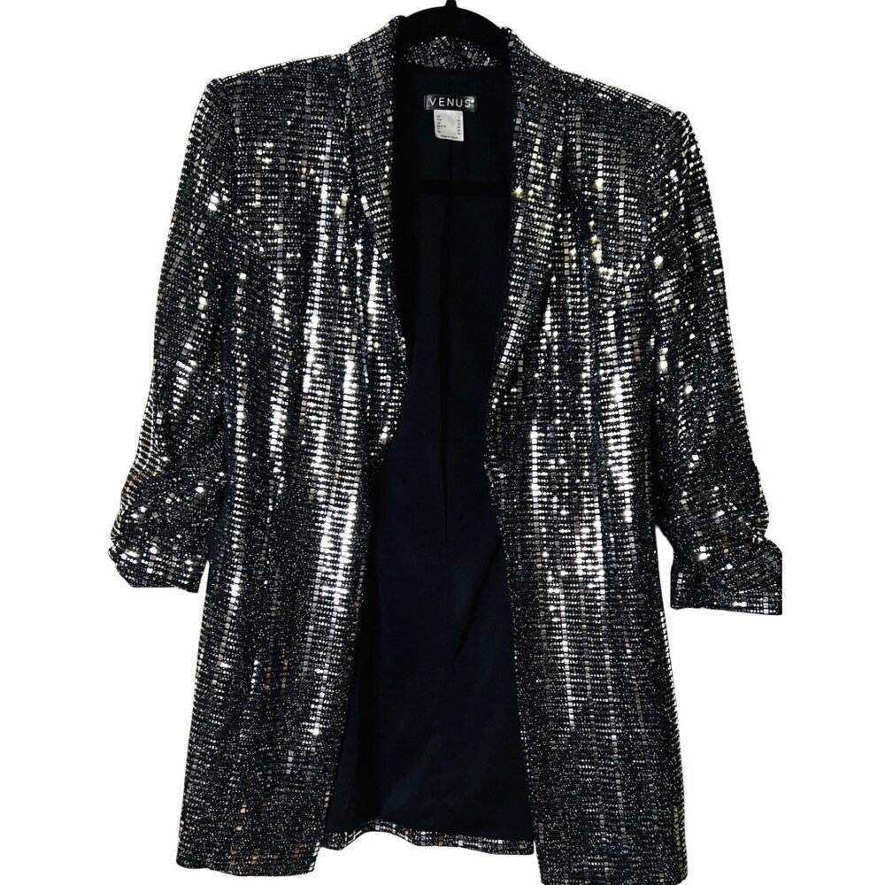 Venus Black & Silver Sequin Open Front Blazer 3/4 Ruched Sleeves SZ 6 Party Wear